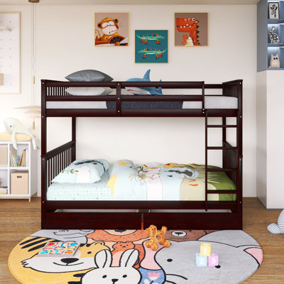 Wood Frame Full-Over-Full Size Bunk Bed With Ladders And Two Storage Drawers