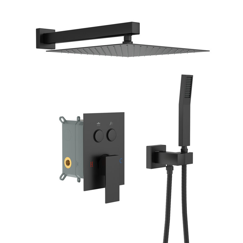 Pomme de douche murale noire matte avec pluie carrée de 10 pouces et valve en noir, Noir mat
