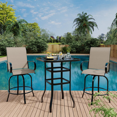 3 Piece Patio Swivel Bar Sets, 3PCS Outdoor High Top Bar Set With 2 Outdoor Swivel Chairs And Glass Bar Table
