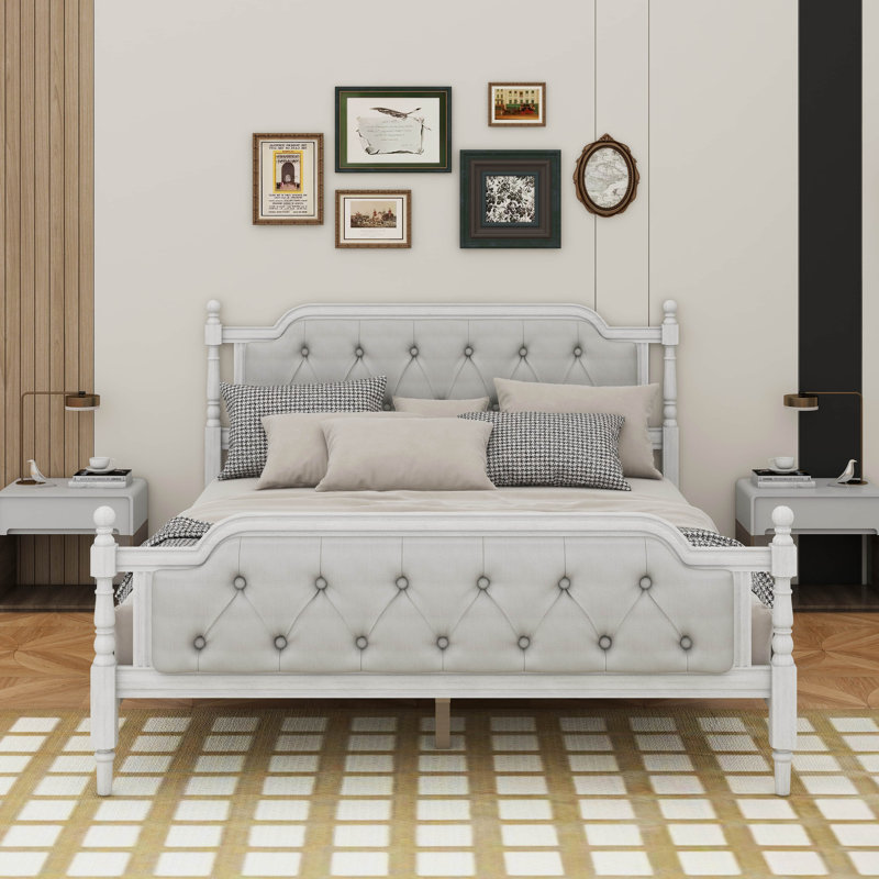 Structure de lit de style traditionnel avec tête de lit tapissier capitonnée, Blanc antique, Grand lit