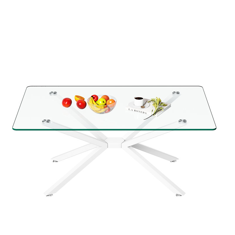 Modern Glass Coffee Table, 39.37" Sofa Coffee Table with Cross Metal Frame and Clear Glass Top, Rectangular Cocktail Centre Table for Living Room