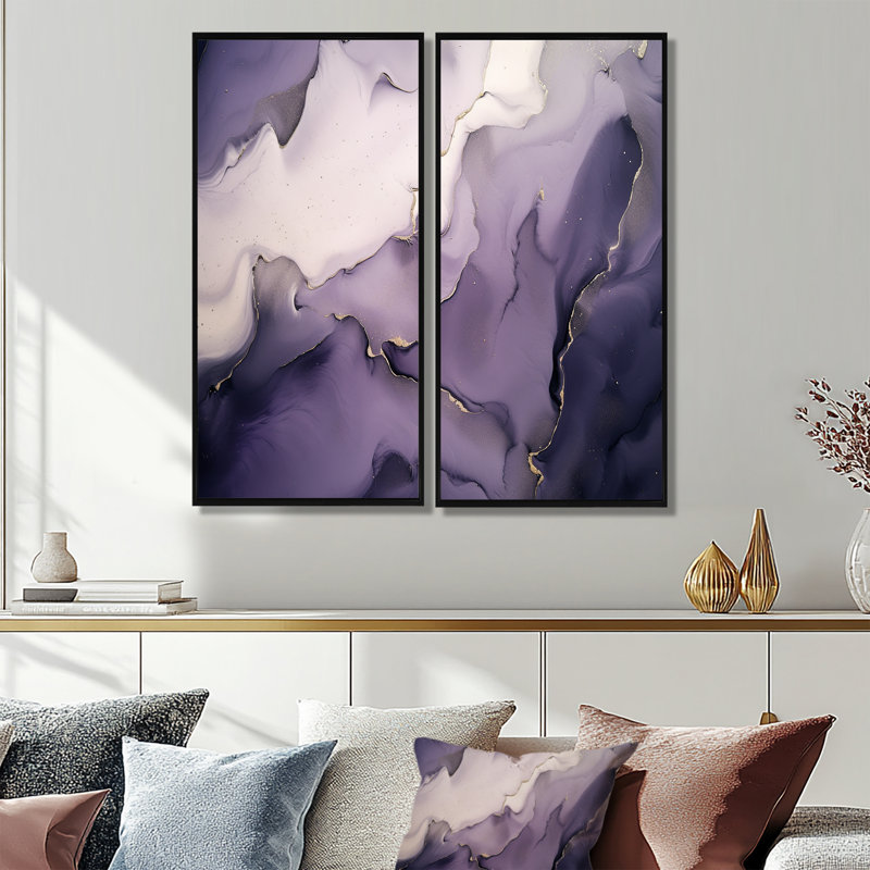 Nuage d'encre mauve et gris mauve - art mural moderne mauve 2 panneaux, H 32 po x l 32 po, Impression encadrée flottante