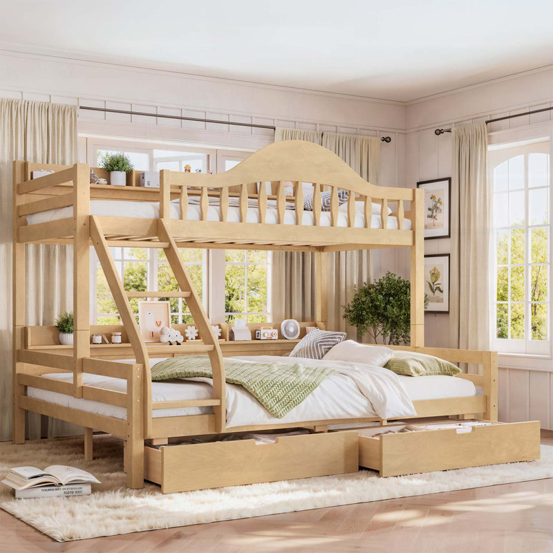Lit superposé simple au-dessus de grand lit simple avec rangement, garde-corps courbés et tablettes, structure en bois massif, aucun sommier tapissier requis, finition naturelle