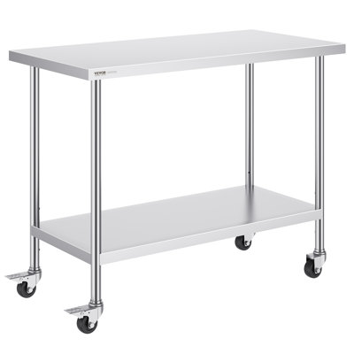 Stainless Steel Work Table 30 x 60 x 38 Inch, Featuring 4 Wheels, 3 Adjustable Height Levels, Heavy-Duty Food Prep Worktable for Commercial Kitchen Restaurant, Silver