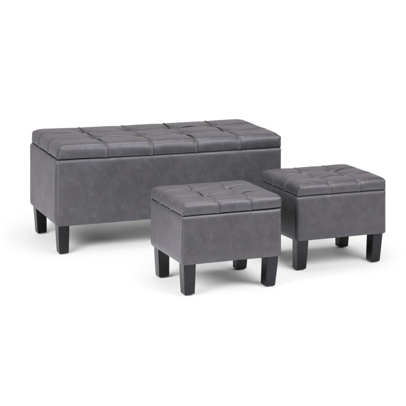 Dover 44"W Upholstered 3-Piece Storage Ottoman Set with Extra Storage, Stone Gray