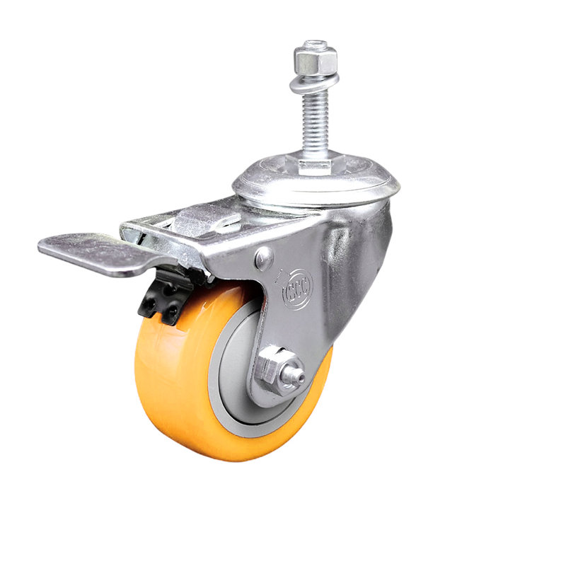 3 Inch SS Polyurethane 3/8 Inch Threaded Stem Caster Total Lock Brake SCC, Yellow