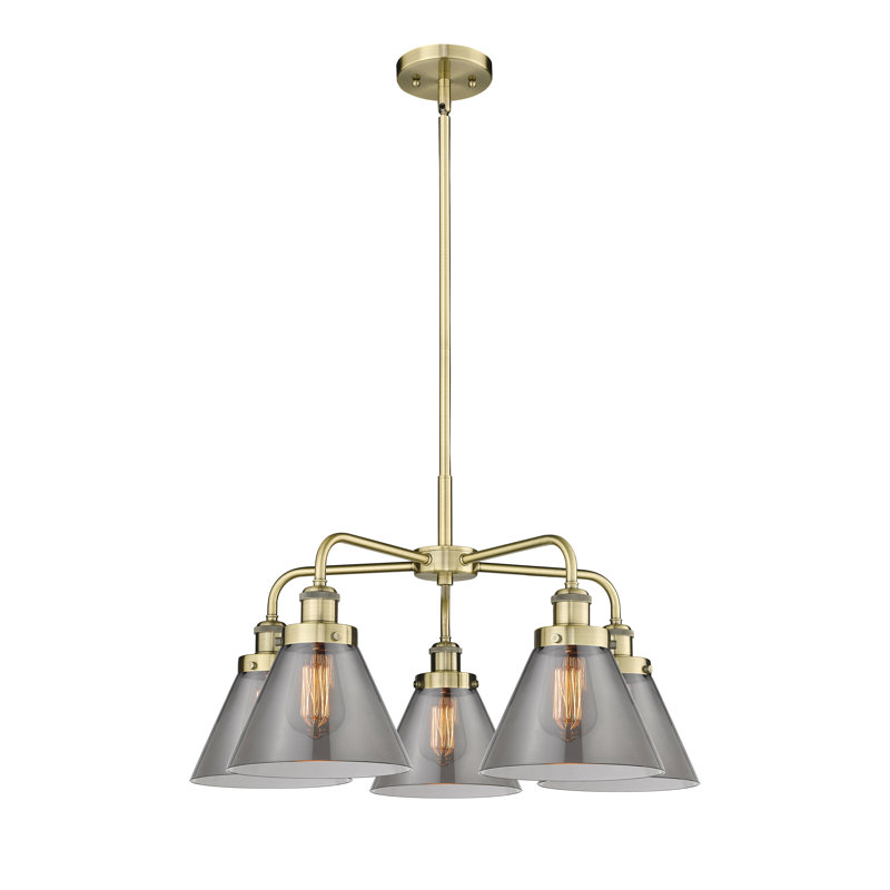 Lustre suspendu 5 lumières Cone, Laiton antique, Plaqué couleur fumée