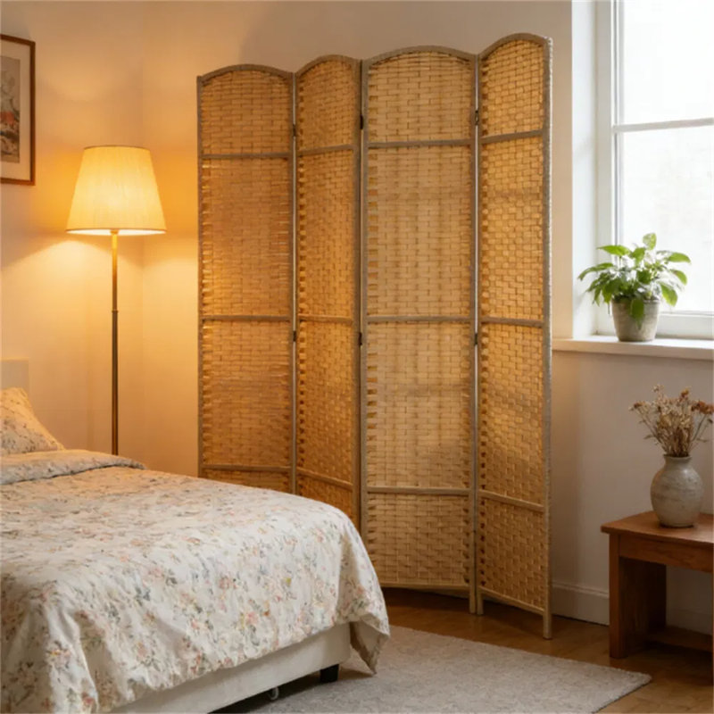 4 Panel Room Divider, Folding Privacy Screen with Arched Top, Beige Woven Partition for Home Separation