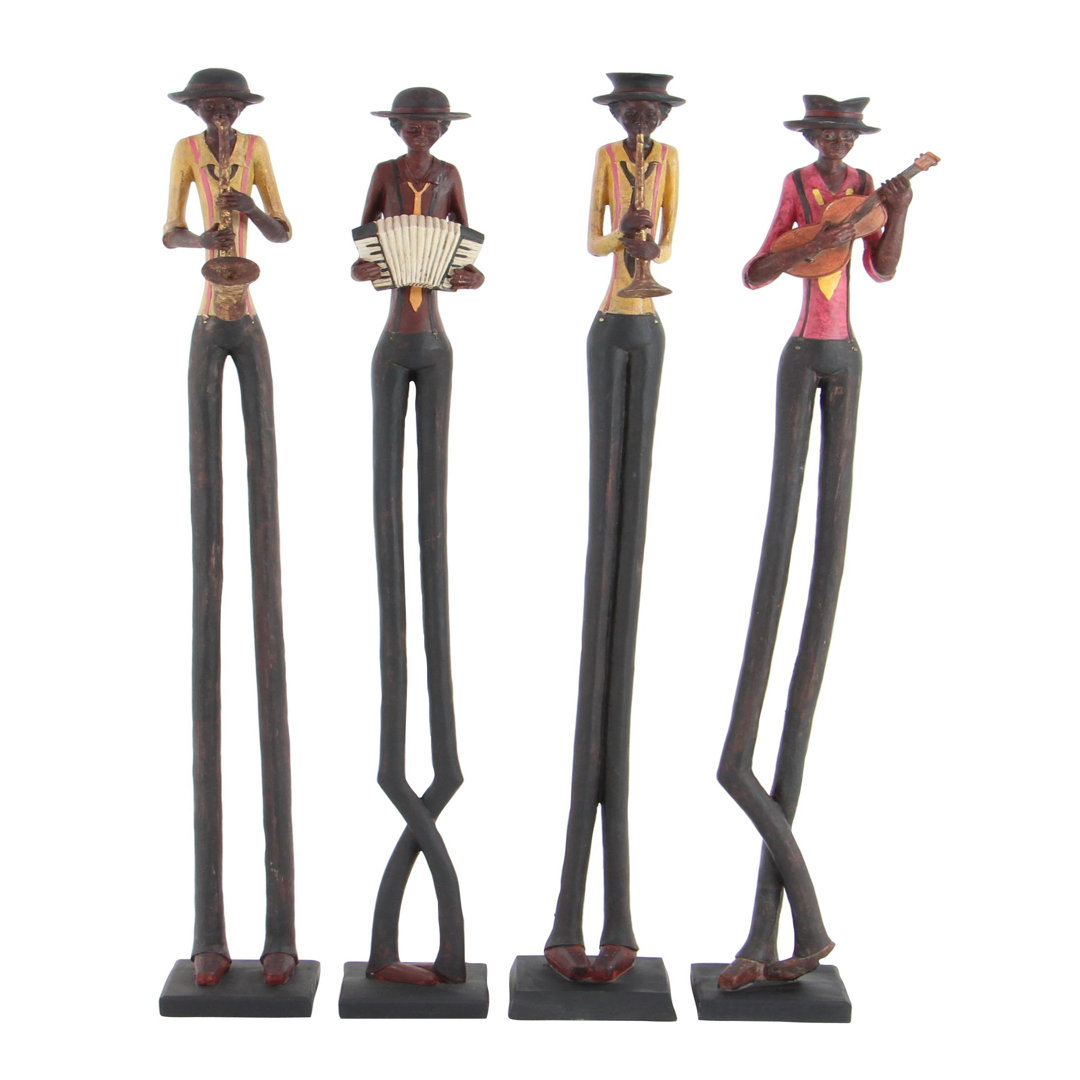 Polystone Tall Long Legged Jazz Band Musician Decorative Brown Sculpture with Black Base Stand Set Red Barrel Studio® 