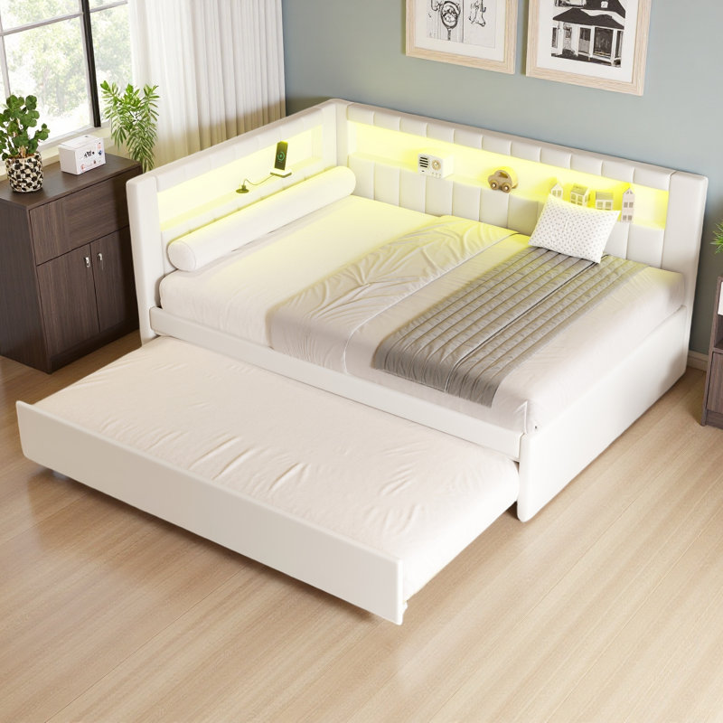 Upholstered Full Size Platform Bed With USB Ports And LED Belt, With Trundle, White