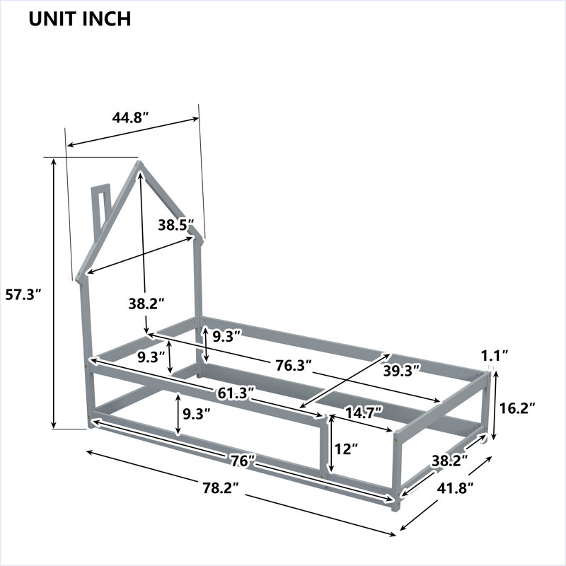 Twin Size Wood Bed With House-Shaped Headboard, Grey