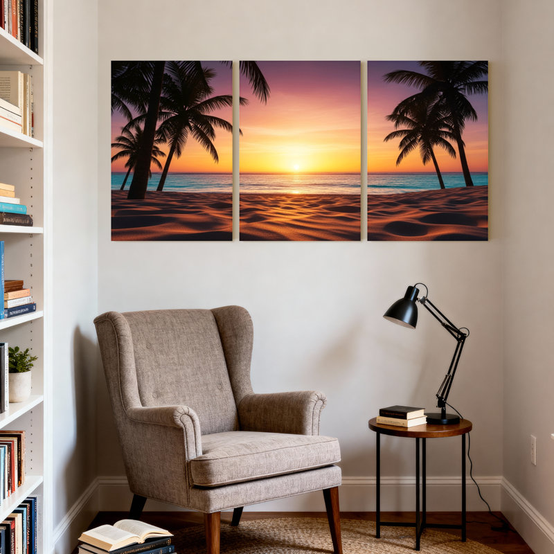 Palmiers, coucher de soleil, plage, palmiers, ciel, océan, sable, horizon, ensemble de 3 impressions sur toile