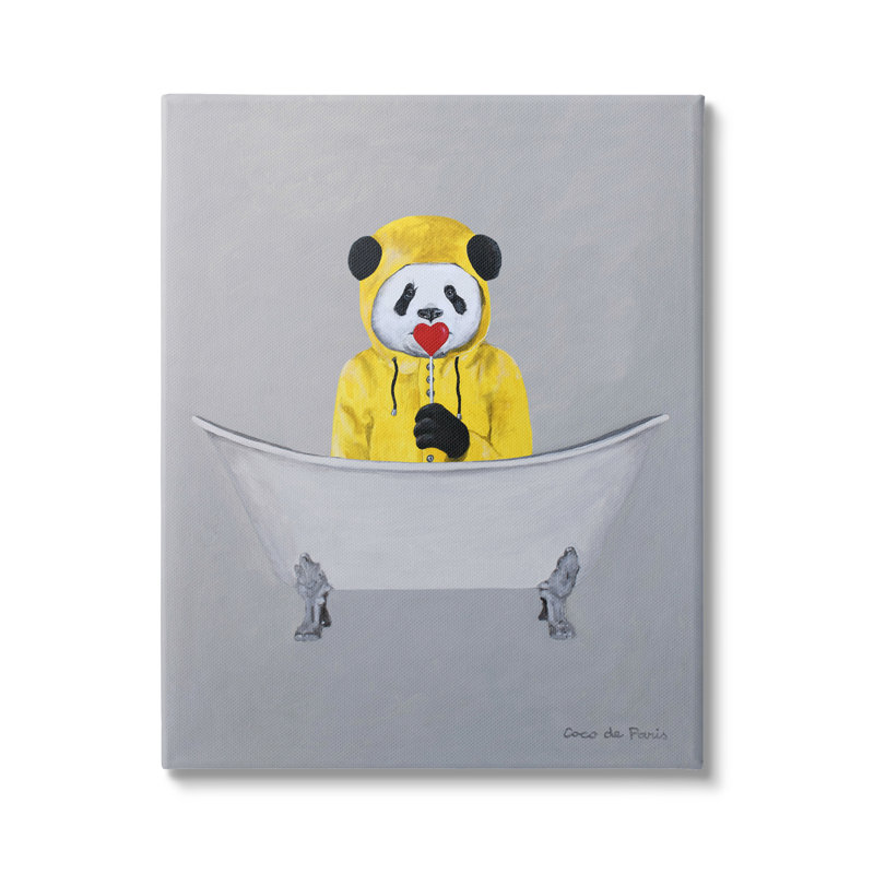 «Panda Yellow Raincoat», rouge, cœur, griffe, pied, baignoire par Coco de Paris - Peinture, Toile tendue