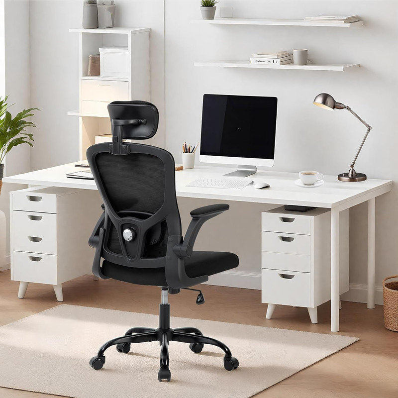 Office Computer Desk Chair, High-Back Mesh Chair with Adjustable Headrest & Lumbar Support, Black