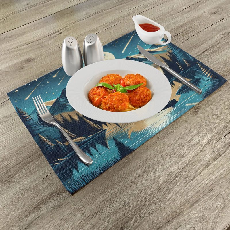 Dark Turquoise Tan Ivory Polyester Mountain Scene Placemats Set of 4