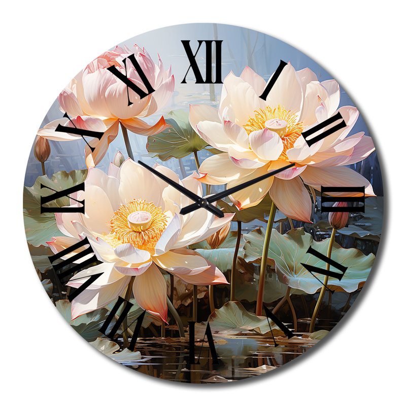 Blanc blanc jaune lotus romantique impression - horloge murale florale, Très grand