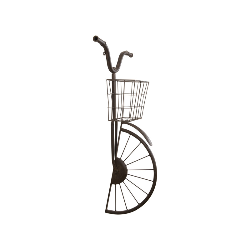 Décoration murale en métal rouillé vieilli en forme de vélo avec panier, Brun
