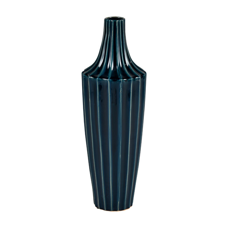 Indigo Fluted Ceramic Table Vase with Vertical Ridged Texture