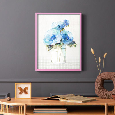 «Gingham Blue Flowers II», reproduction encadrée - bois massif
