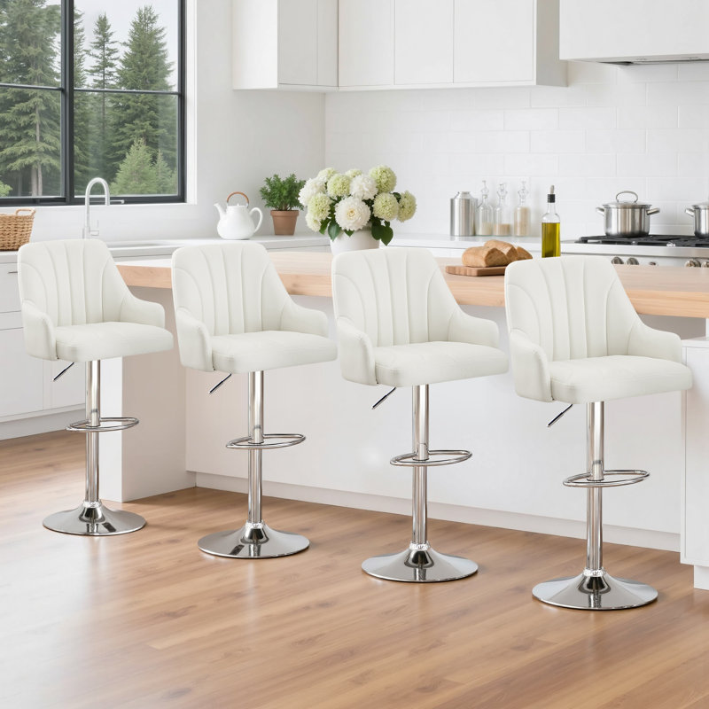 Set of 4 Bar Stools Adjustable Swivel Faux Leather Bar Chairs, Upholstered Counter Height with High Backrest Stool for Kitchen Island, White