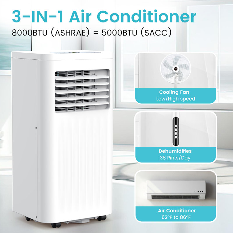 8000 BTUs Portable Air Conditioner - 4 - IN - 1 Cool/Dehumidify/Fan/Sleep Mode, 24H Timer, Remote & Window Kit for Home, 8000