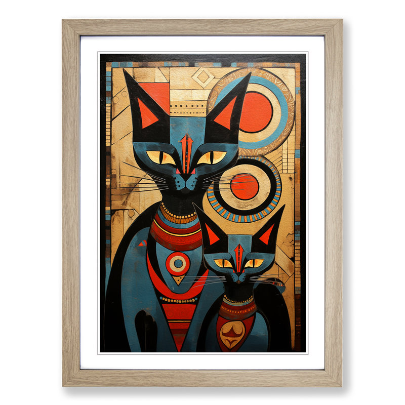 XYZ-FRM-V1223-606 Egyptian Cat Constructivism No.4 - Single Picture Frame Print on Wood, Oak , 64cm H x 46cm W x 2cm D