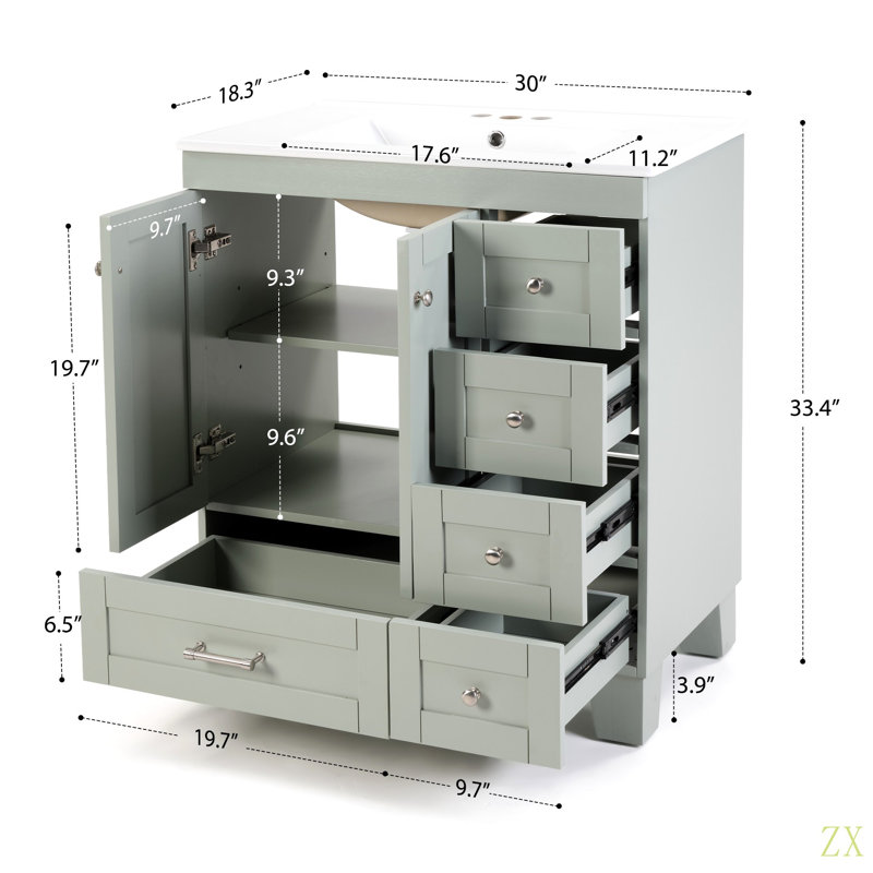 Meuble-lavabo 30 po avec lavabo en céramique - Tiroirs à fermeture en douceur, structure en bois massif, rangement multi-organisateur, 76 x 47 x 85 cm