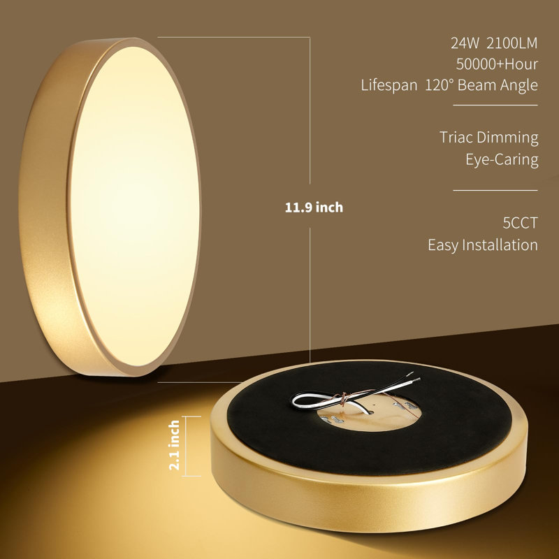 Plafonnier encastré doré à DEL 12 po 24 W, intensité variable 2700 K-5000 K, paquet de 3