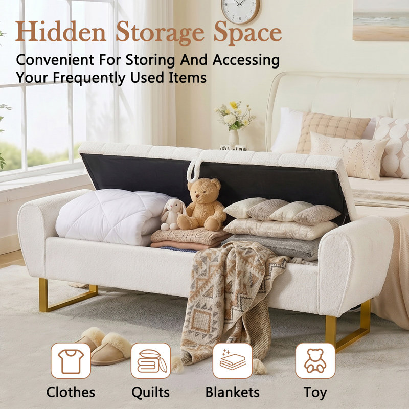 67"W Storage Bench with Gold Legs and Curved  Arms, Teddy Beige