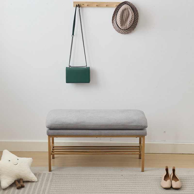 Upholstered Shoe Storage Bench With Cushioned Seat, End Of Bed Bench With Open Shelf And Metal Legs For Entryway, Gray