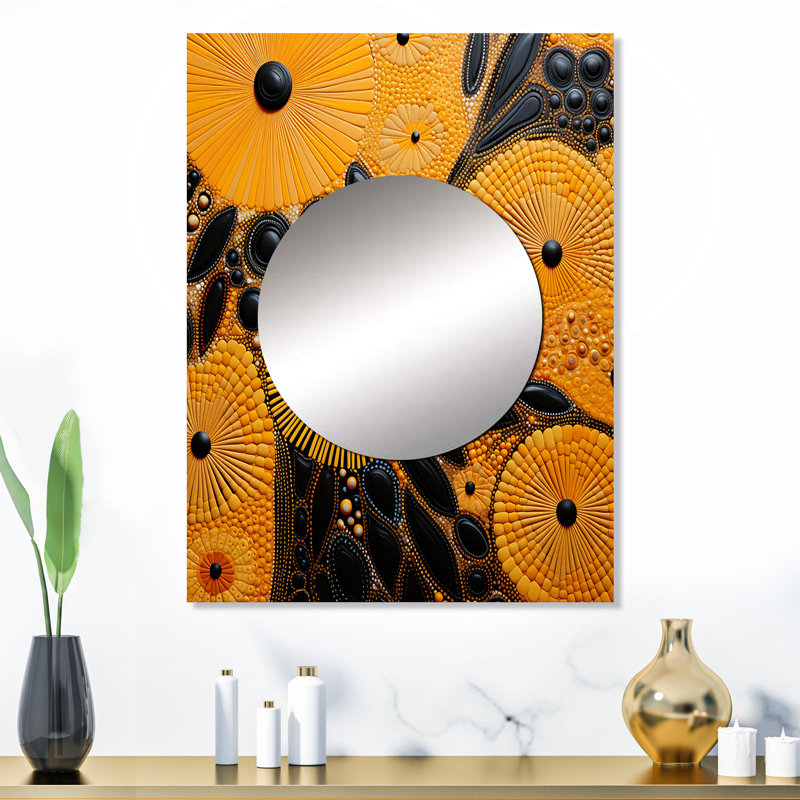 Tapisserie «Gwendoly» jaune et noir, «Native American Art», grand miroir mural, miroir décoratif global, impression sur métal