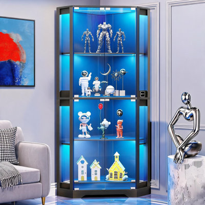 Vitrine de coin en verre à 4 niveaux avec DEL à intensité variable et capteur de mouvement, vitrine en bois avec portes, support de rangement à 90 ° pour le salon, noir
