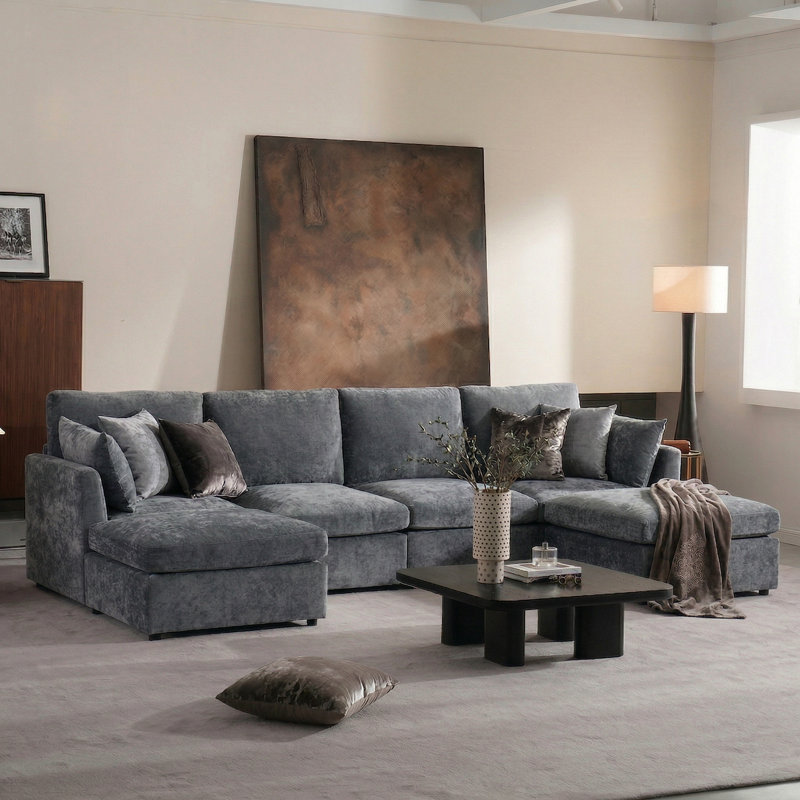 Sarang 6-Piece Modular Sofa Upholstered Sectional U Shaped Cloud Couch, Gray Chenille