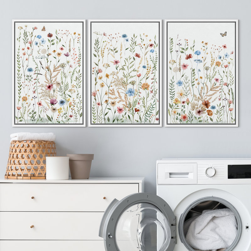 Wildflower Meadow Botanical Soft Pastel Style Wall Art Decor Framed On Canvas 3 Pieces Print, H 36 po x l 24 po, White