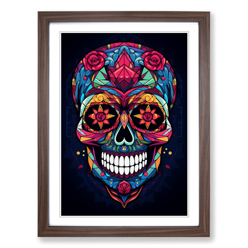 Sugar Skull Geometric Art - Framed Print, 34cm H x 25cm W x 2cm D, Walnut Framed