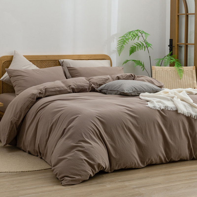 BESTOUCH Duvet Cover Set 100% Washed Cotton Linen Feel Lightweight, King Duvet Cover + 2 King Pillowcases, Pine Bark Brown