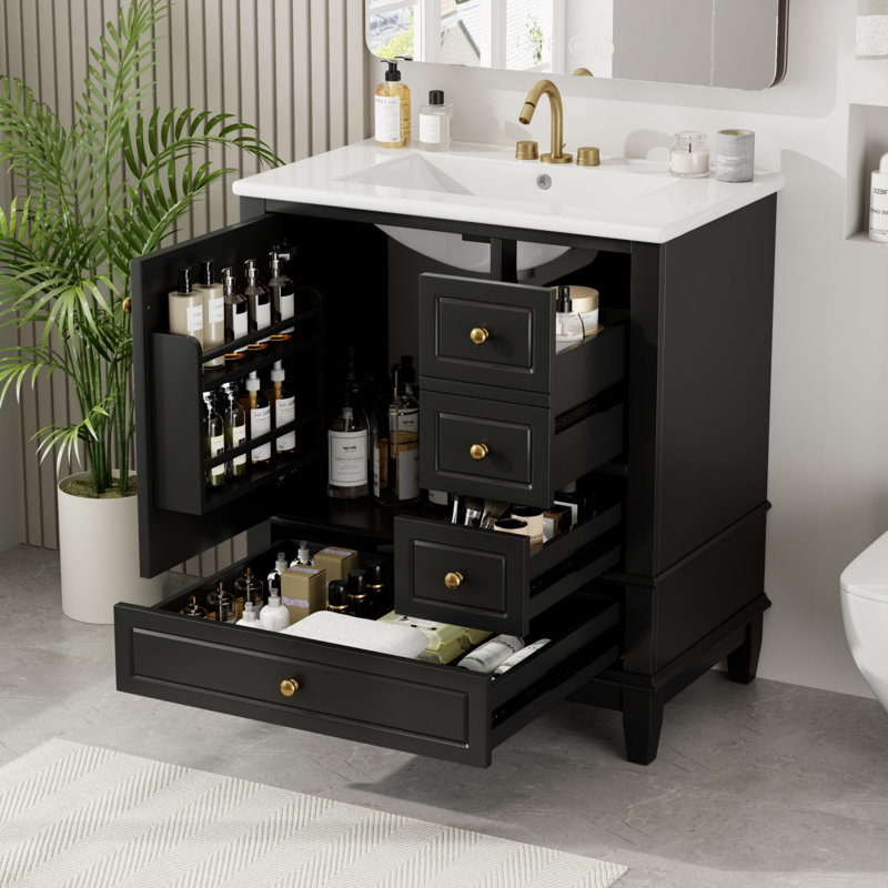Meuble-lavabo 30 po avec lavabo, Noir, noir, noir, noir, Doré