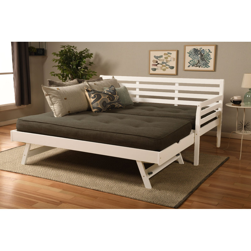 Alhamdi Boho Daybed and Pop-Up Bed with Mattresses, White, Linen Charcoal