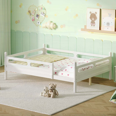 Full Size Kids Bed Frame with Safety Guardrails, Low Profile Design, Sturdy Slat Support, No Box Spring Needed, White