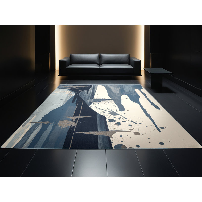 Tapis éclectique beige lavable à la machine Roslindale - Reliure bleu ciel, 8 x 12