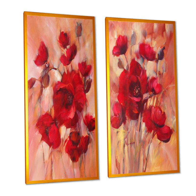 «Red Blooming Poppies», ensemble de 2 impressions sur toile, H 20 po x l 24 po x P 1 po, Cadre photo doré
