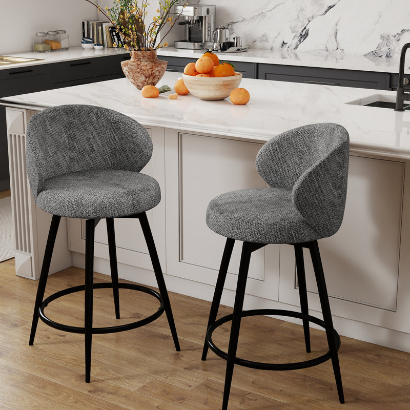 360° Swivel Modern Bar Stool, 26" Upholstered Counter Height Bar Stools With Wingback, Soft Linen Fabric, Counter Chairs With Arm For Kitchen Island Or Home Bar