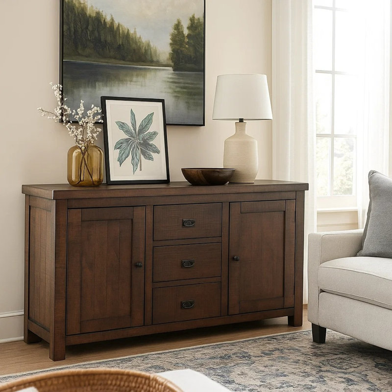Buffet Camie, 3 tiroirs, porte-bouteilles, bois d'acajou brun, Marron foncé