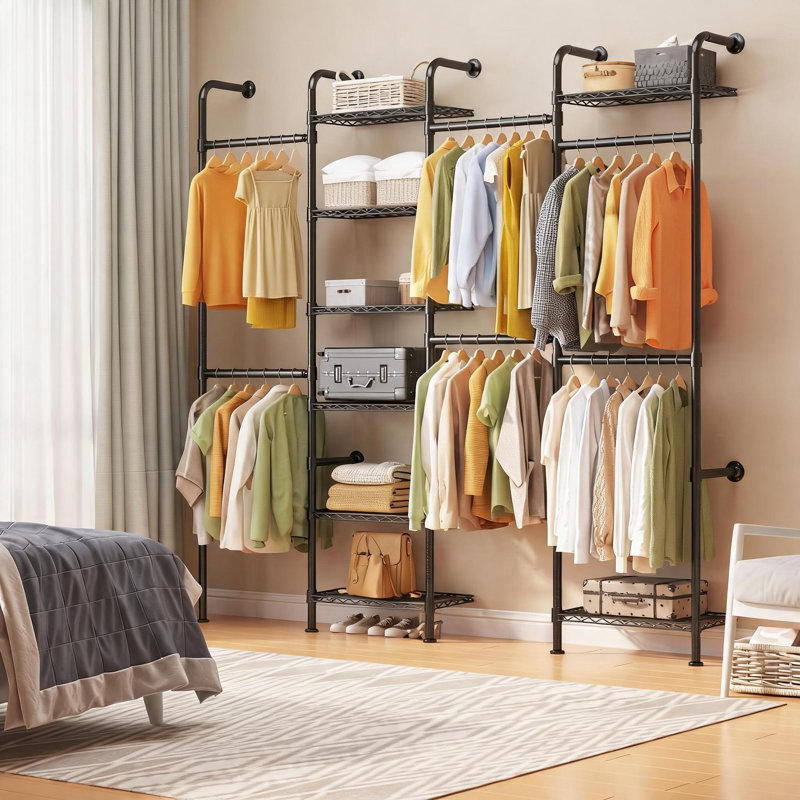 Étagère murale robuste pour garde-robe – Système d'étagères pour la restauration commerciale – Tiges extensibles en acier au carbone (60 à 90 cm), étagères métalliques noires mates à 8 niveaux, organisateur de rangement modulaire noir, 8 couches