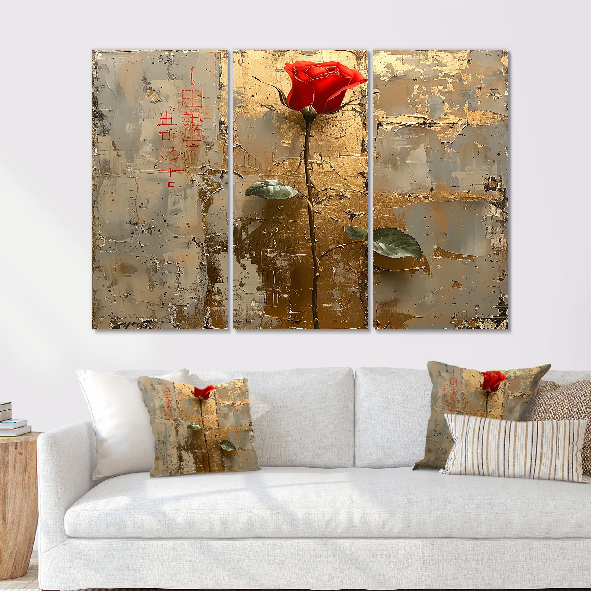 Design Art Red Rose Vintage Silver Gold II - Rose Wall Art Set ...