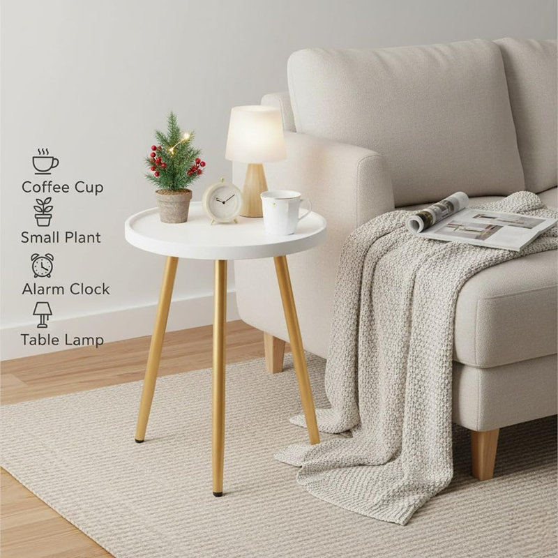 Petite table d'appoint ronde avec pieds en métal et plateau en bois, blanc et or
