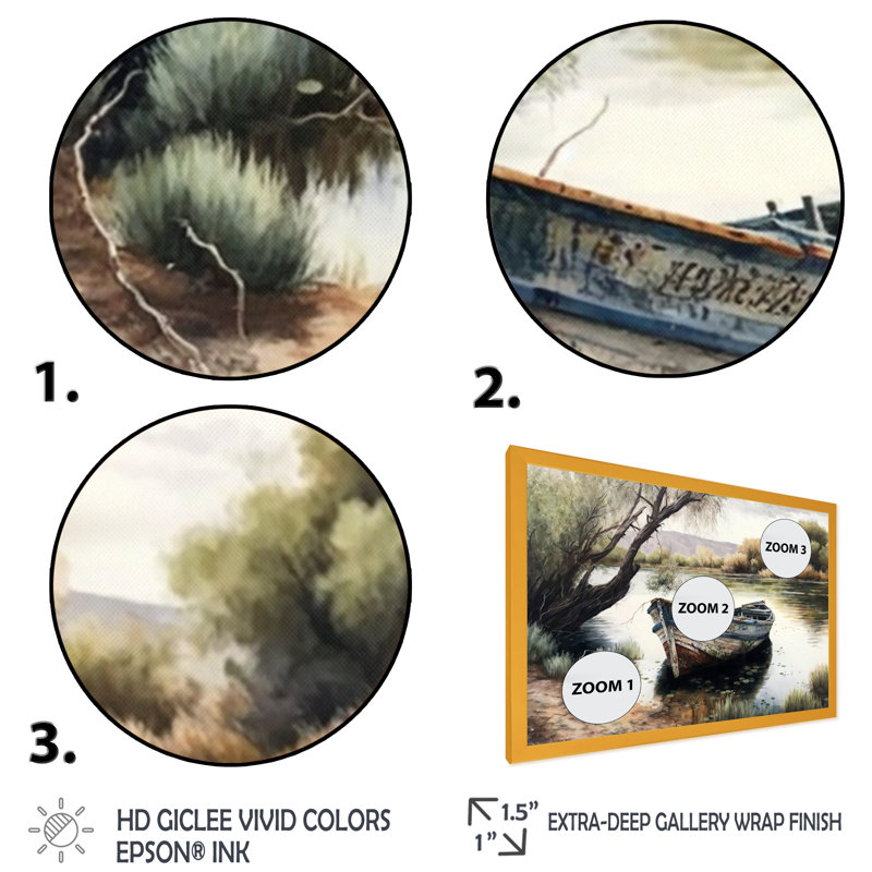 Bateau de pêche dans la rivière - Bateau, art mural, Cadre doré simple, L 20 po x H 12 po