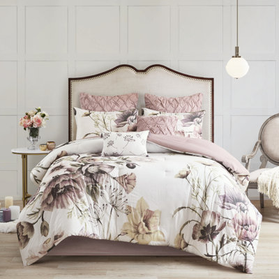 Édredon très grand - rosé - 8 pièces en coton avec motif floral et coussins décoratifs romantiques