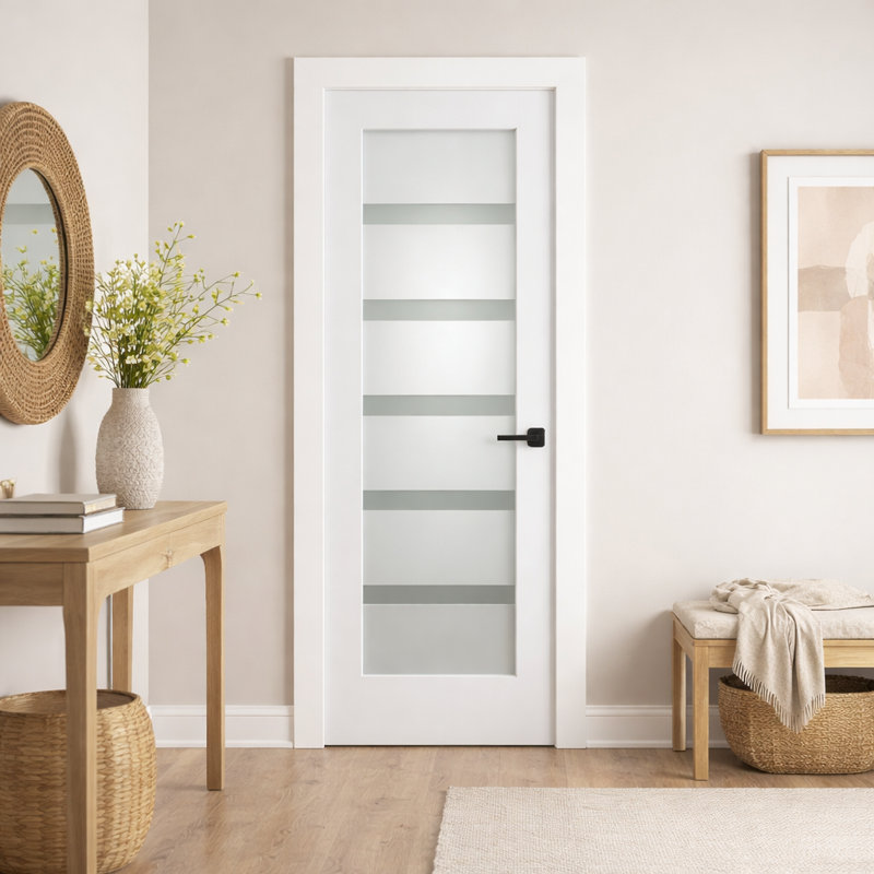 Petite porte en verre givré blanc apprêté 5 petites, 30 po X 80 po, dalle de porte intérieure en verre givré délicat