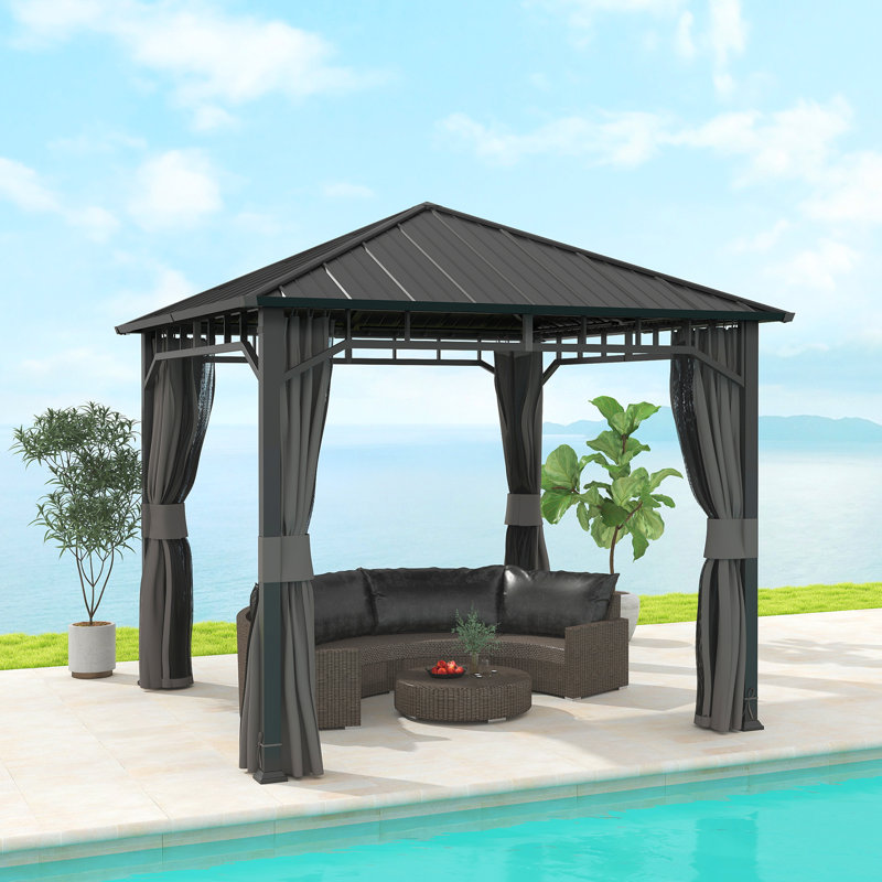 Outsunny 3 x 3(m) Hardtop Gazebo with Metal Roof, Netting and Curtains, Black